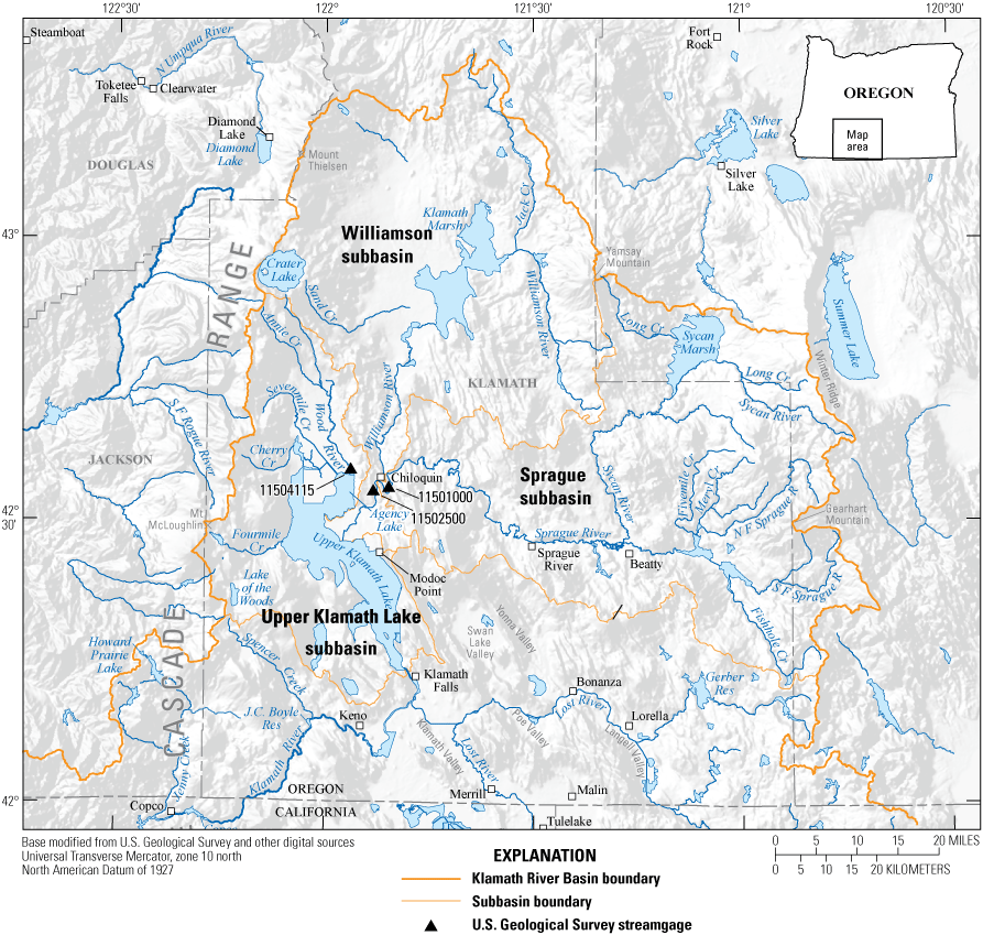 Area map showing upper Klamath River Basin total phosphorus and suspended-sediment
                     monitoring locations.