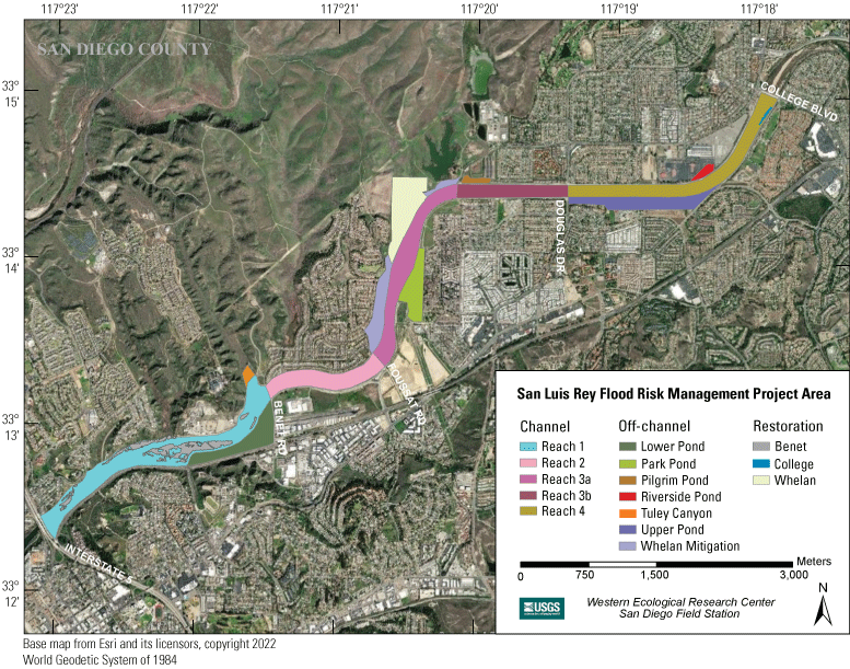 1. Survey monitoring sites by Channel, Off-channel, and Restoration categories, shown
                        on a colored map.