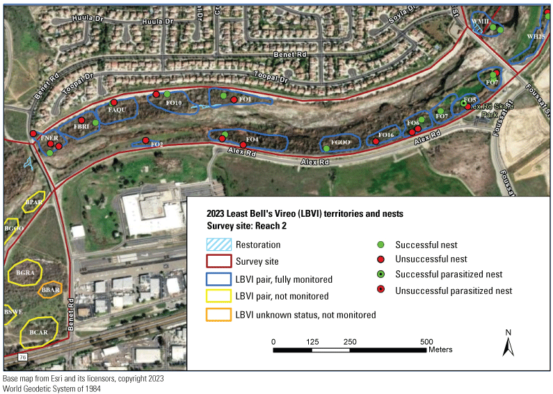 2.2. Map of Reach 2 showing the territory boundaries and location of successful and
               unsuccessful nests within each territory.