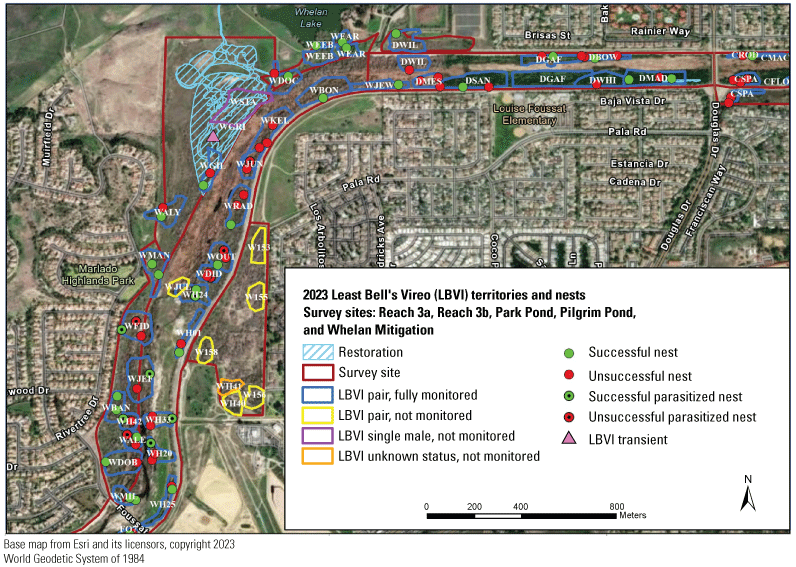 2.3. Map of Reach 3a, 3b, Par Pond, Pilgrim Pond, and Whelan Mitigation showing the
               location and pair status or each territory and the location of successful and unsuccessful
               nests within each territory.