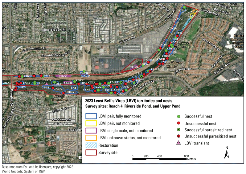 2.4. Map of Reach 4 showing the territory boundaries and the location of successful
               and unsuccessful nests within each territory.