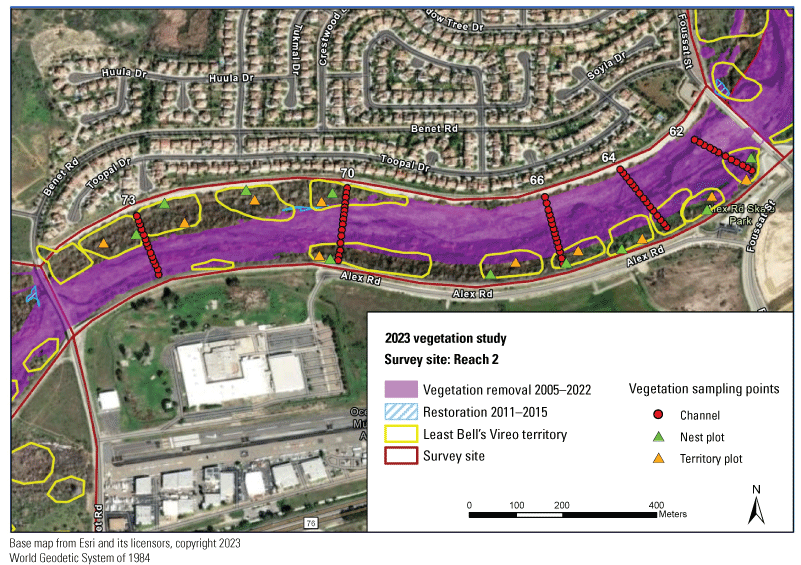 9.2. Vegetation treatments and territories depicted by polygons on a colored map.
               A large portion of Reach 2 has been mowed from 2005 to 2022. Several vegetation transects
               cross the river.