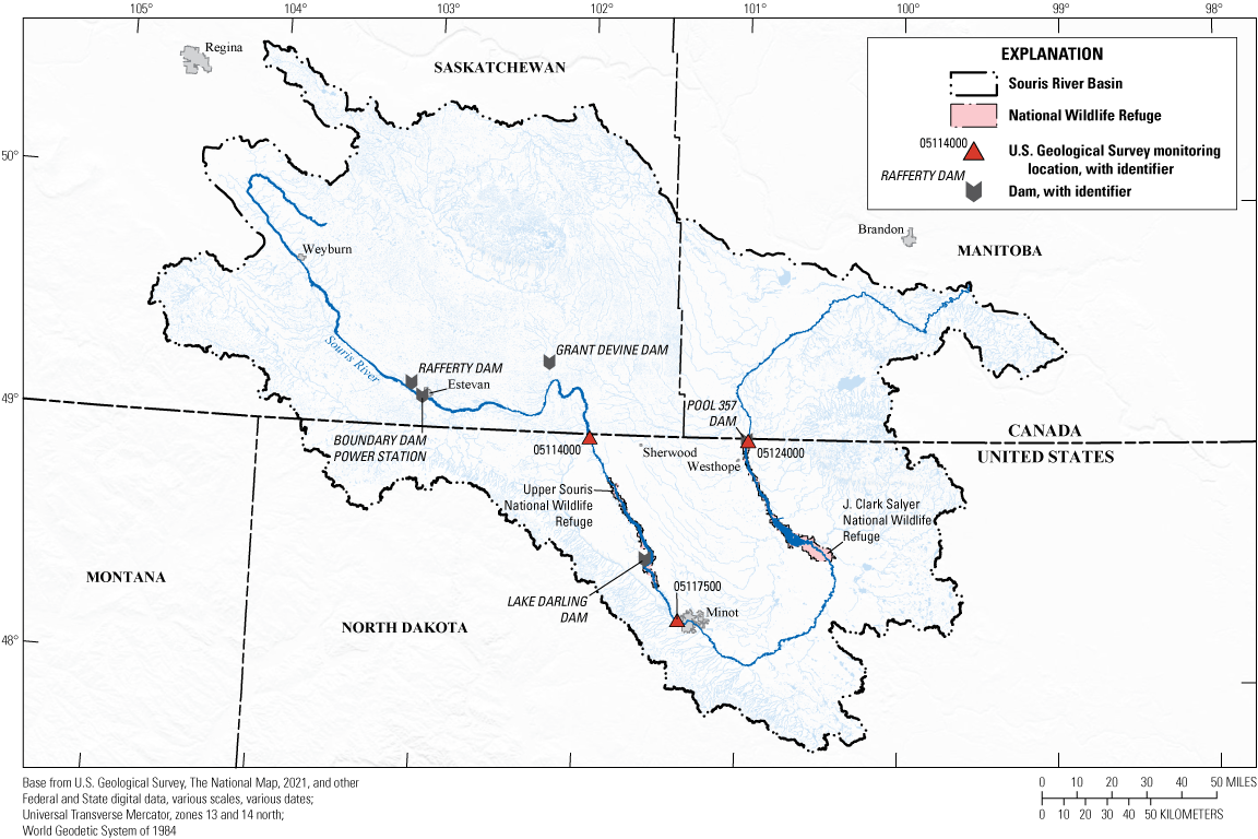 Monitoring sites are primarily in center of map with two near Sherwood and Westhope
                     close to the Canadian border, and one near Minot.