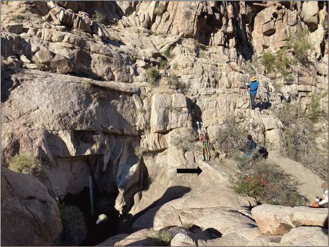 2.6. Surveyors working within a rocky valley. Tank entrance and stage height rod are
                  downslope of them.