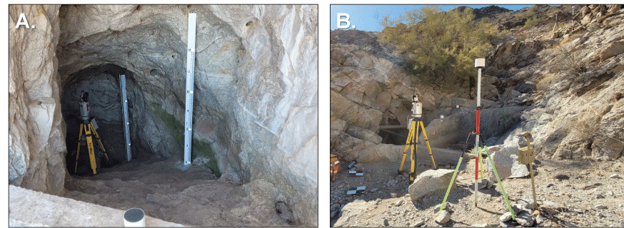 4. A, Scientific equipment inside a cave-like tank. B, Survey equipment outside a
                        tank entrance.