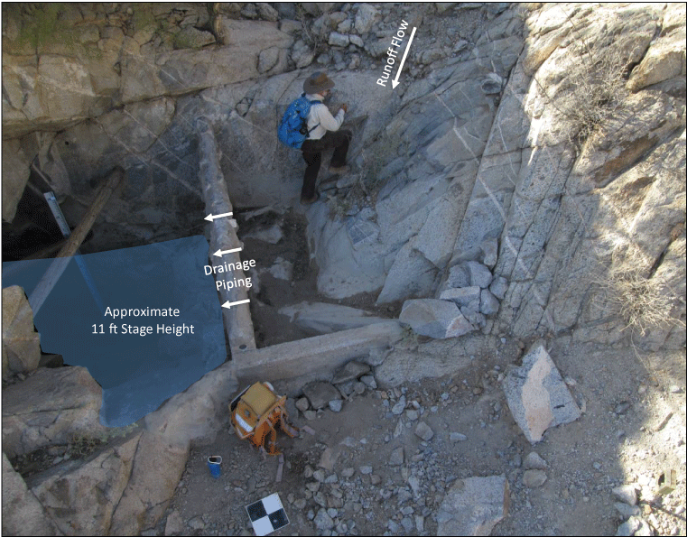 11. Tank entrance and rectangular catchment basin separated by a wall. A uniformed
                     person climbs out of the catchment.