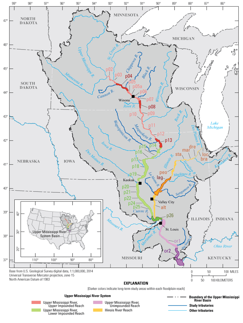 The system is divided into four main reaches from headwaters in Minnesota to its confluence
                     with the Ohio River in southern Illinois.