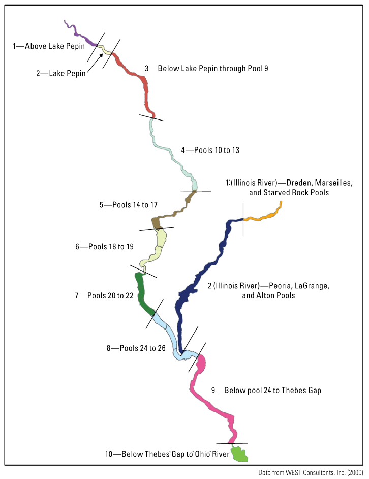 Eight reaches are upstream from the Illinois River, two reaches are on the Illinois
                        River, and two reaches are downstream from the Illinois River.