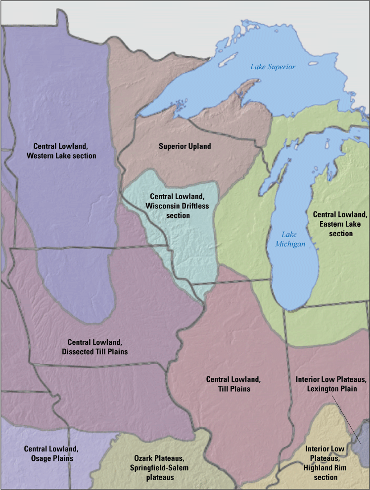 The Upper Mississippi River System is mainly in the Central Lowland Region and parts
                        of the Western Lake section, Wisconsin Driftless section, Till Plains, and Dissected
                        Till Plains.