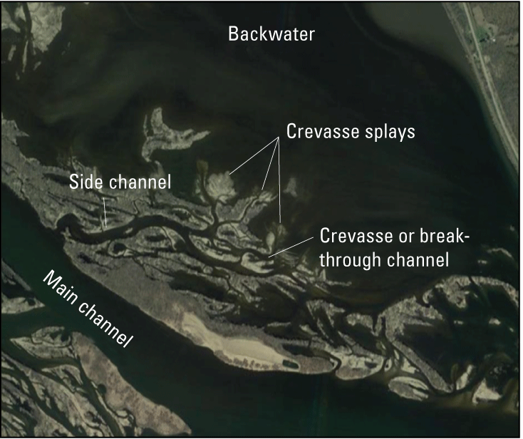 Crevasse splays form side channels or breakthrough channels off of the main channel
                        that carry flows and sediment to backwater areas.