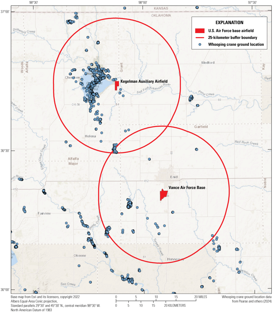 Most ground locations are in the 25-kilometer boundary near the Kegelman Auxiliary
                     Airfield.