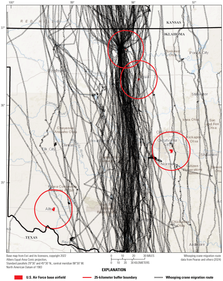 Autumn migration routes primarily pass through central Oklahoma intersecting 25-kilometer
                     boundaries near the Kegelman Auxiliary Airfield and Vance Air Force Base.