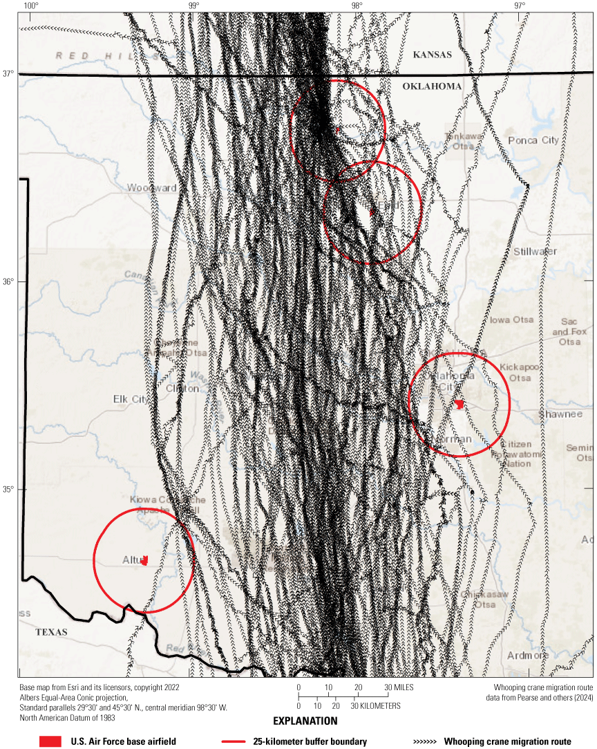 Spring migration routes primarily pass through central Oklahoma intersecting 25-kilometer
                     boundaries near the Kegelman Auxiliary Airfield and Vance Air Force Base.