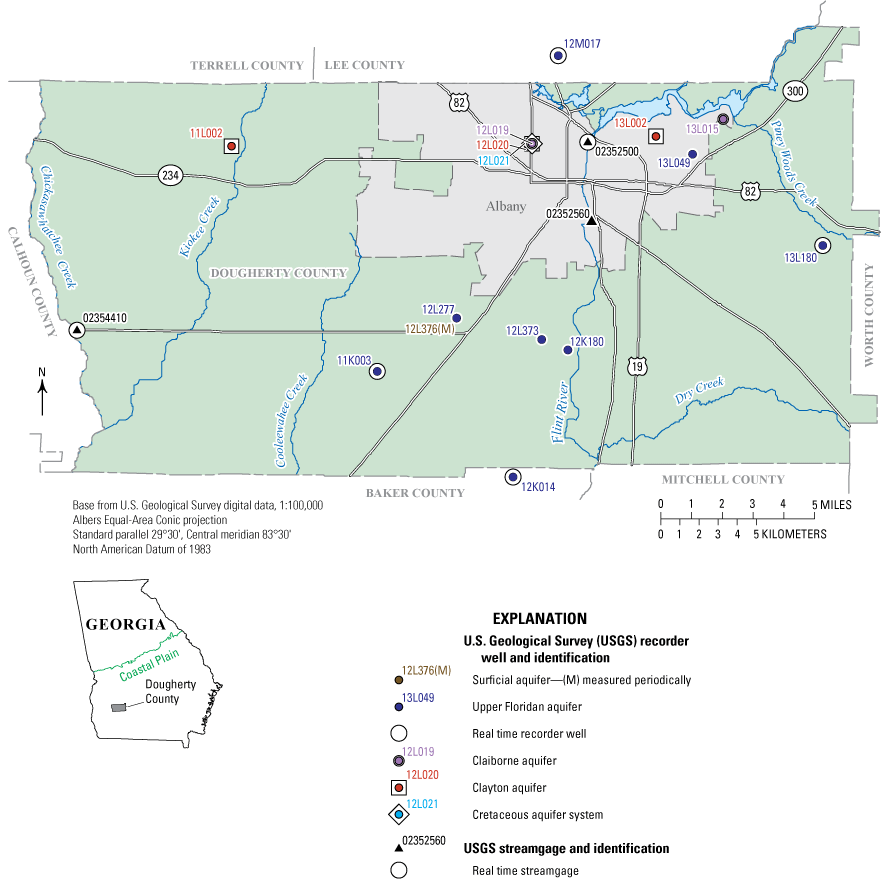 Most wells are located throughout the Dougherty County; two others are in adjacent
                     counties. Streamgage is located in Albany.