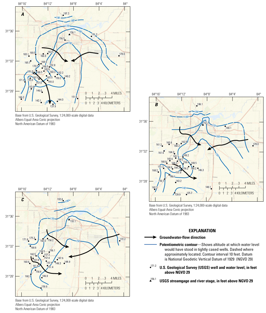 Groundwater flow generally is toward the center of the potentiometric surface maps,
                     toward the Flint River, and also toward the south in map A.