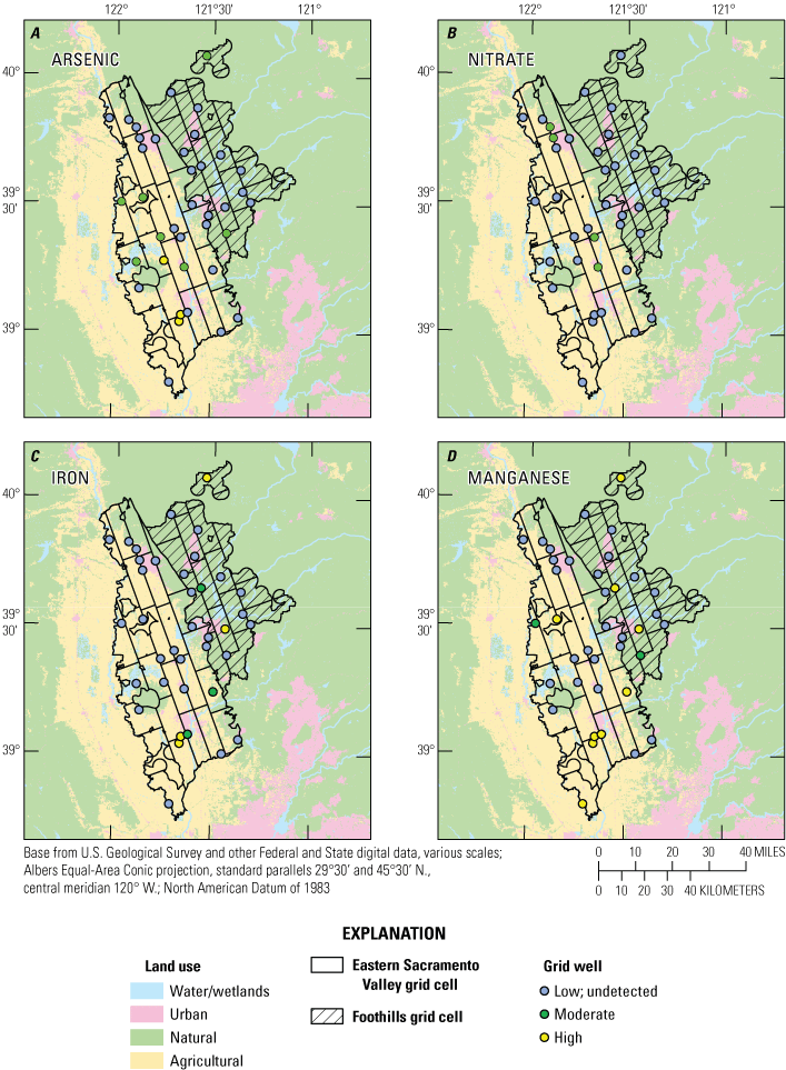 3. High arsenic only in valley and plains, high iron or manganese in both areas, nitrate
mostly low everywhere.