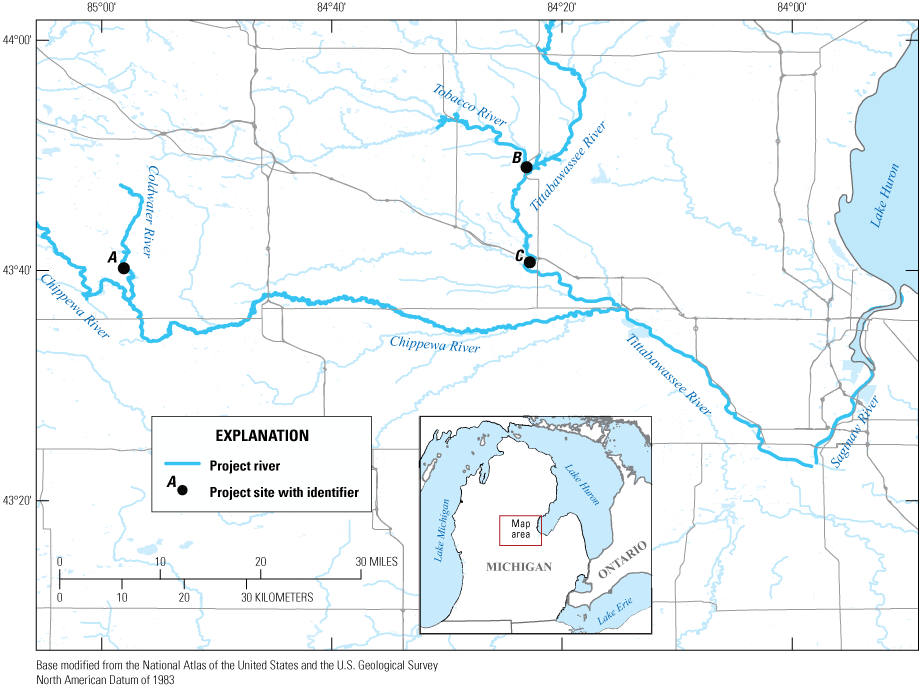 Site A is north of the conflux of Coldwater Creek and the Chippewa River; B is east
                     of A; and C is before the conflux of the Chippewa River and the Tittabawassee River.