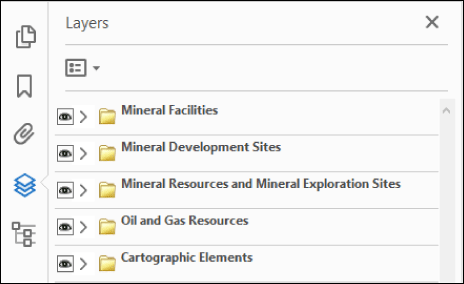 Folders shown are Mineral Facilities, Mineral Development Sites, Mineral Resources
                     and Mineral Exploration Sites, Oil and Gas Resources, and Cartographic Elements.