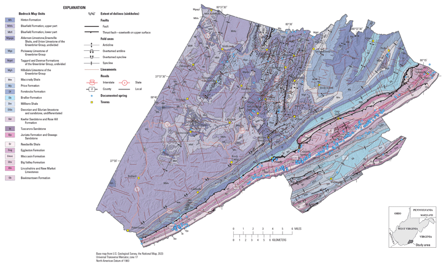 The map shows bedrock map units, doline extents, faults, fold axes, lineaments, roads,
                  documented springs, and towns.