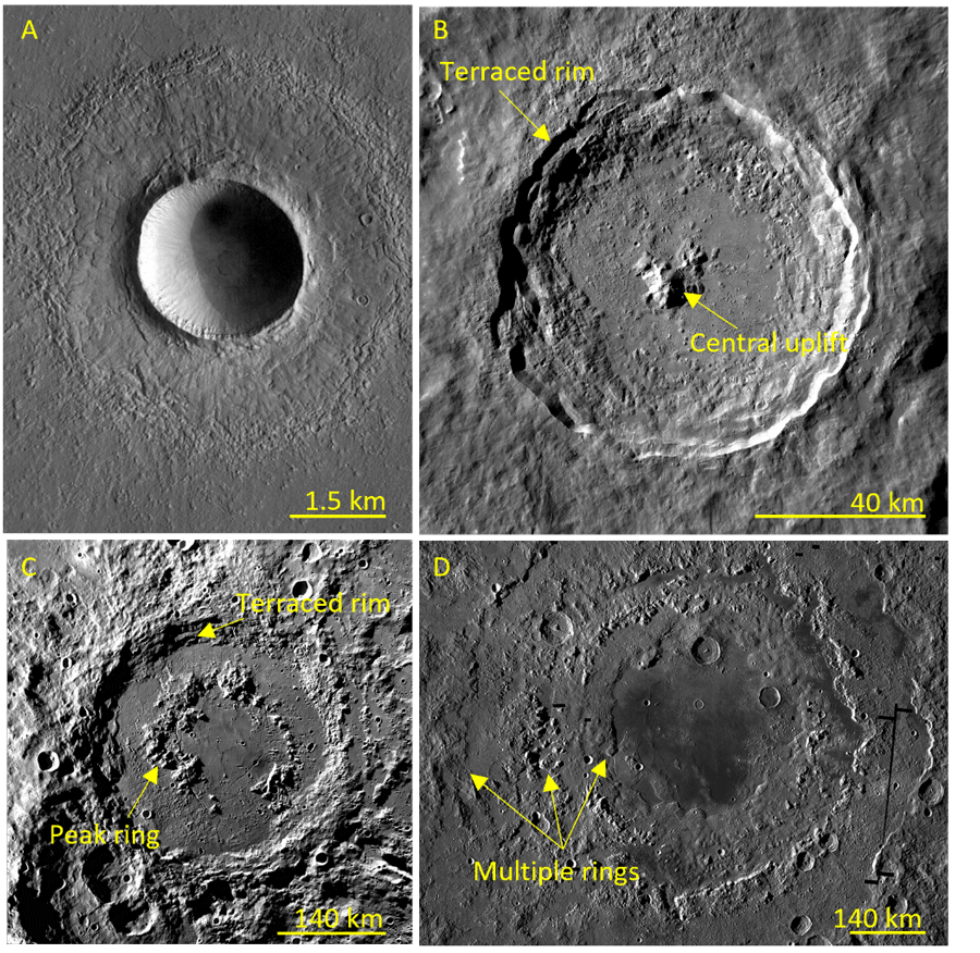 The four impact craters (A–D) have individual scales: 1.5 km, 40 km, 140 km, and 140
                     km, respectively.