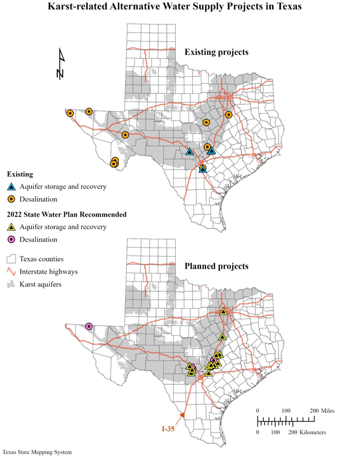 The planned project map and existing project map both show aquifer storage and recovery
                  locations and desalination locations.