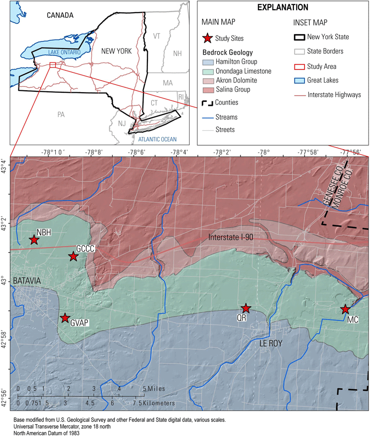 An inset map shows the study area’s location in New York. On the study-area map, bedrock
                     geology and streets are shown.