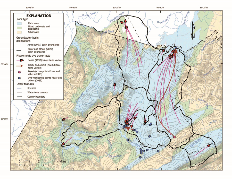 Map defines rock types, fluorometric-dye tracer test paths, streams, water-level contours,
                  and county boundaries.
