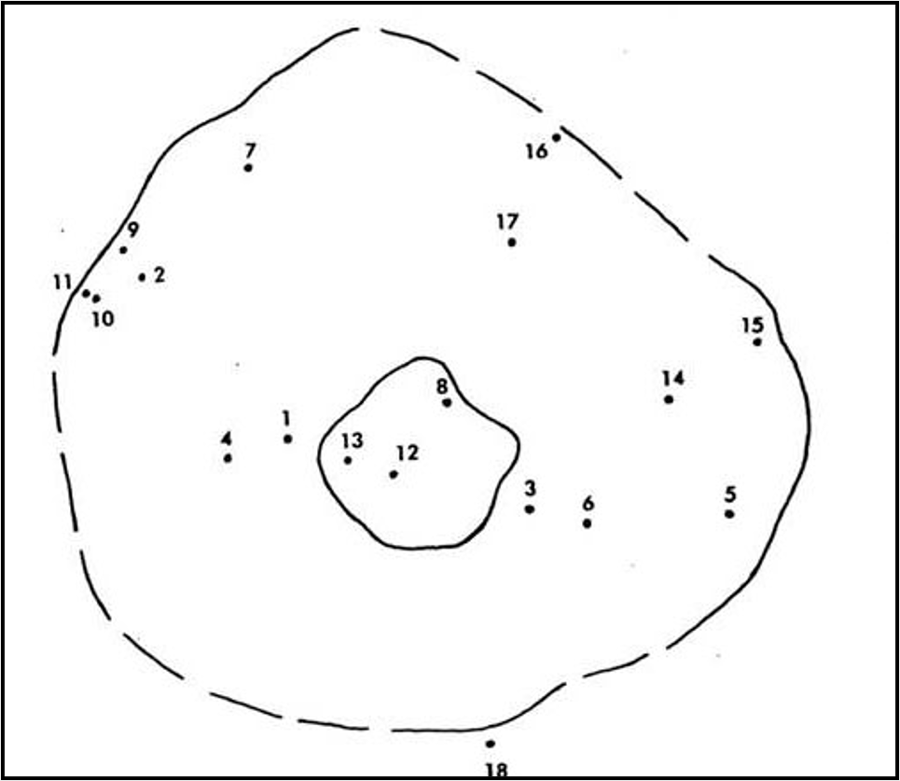 Seventeen drill holes are distributed throughout the inside of the crater; one is
                  on the outer edge.