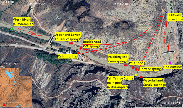 Six hypothetical flow paths are shown on the map, one of which is for the Virgin River.