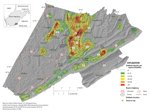 Sinkhole density is shown using six sets of density ranges. Also shown are roads,
                  highways, towns, and cities.