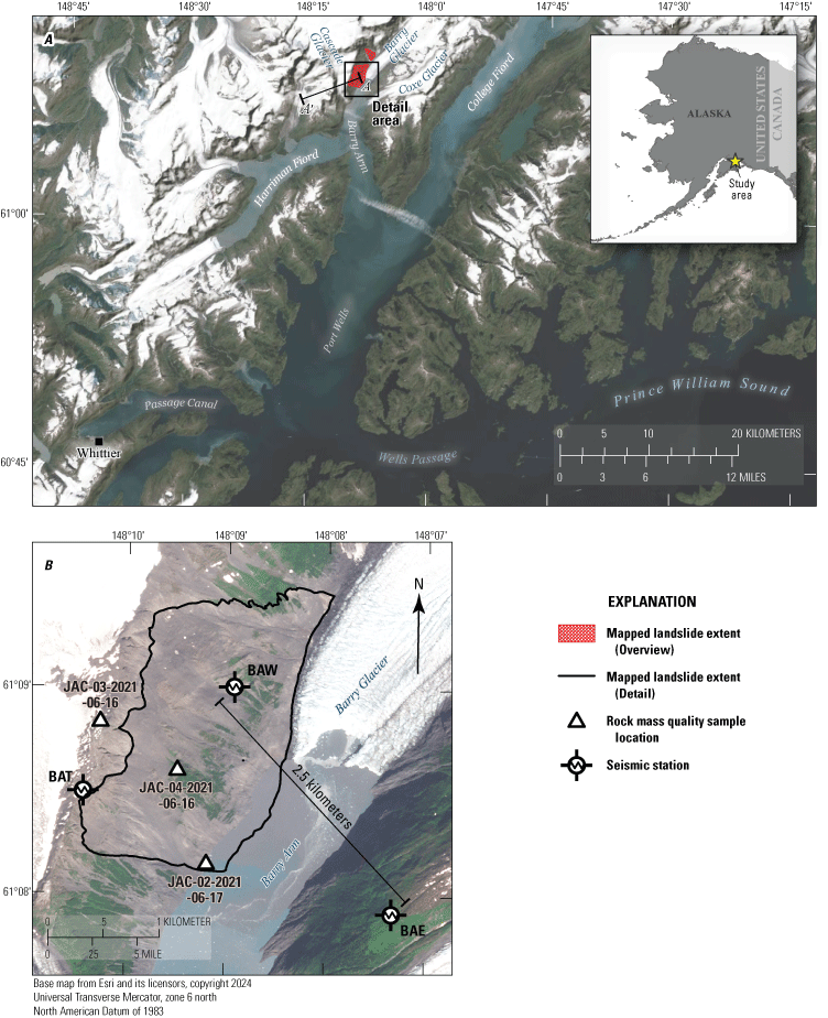 Barry Glacier and Barry Arm landslide are northeast of Whittier. Sample locations
                     and seismic stations are near the landslide site.