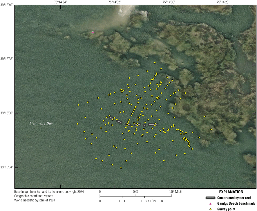 Figure 4. Aerial image shows distribution of numerous elevation survey points located
                        on all sides of the constructed oyster reefs.