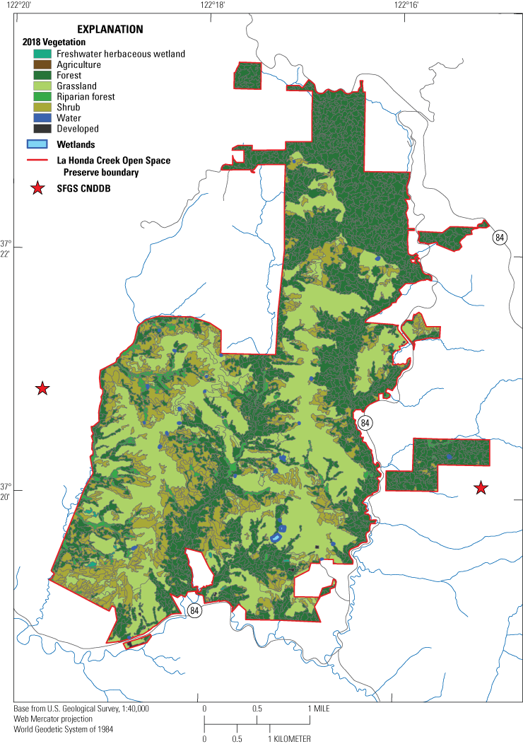 2.	The land cover is predominantly forest, grassland, and shrub.