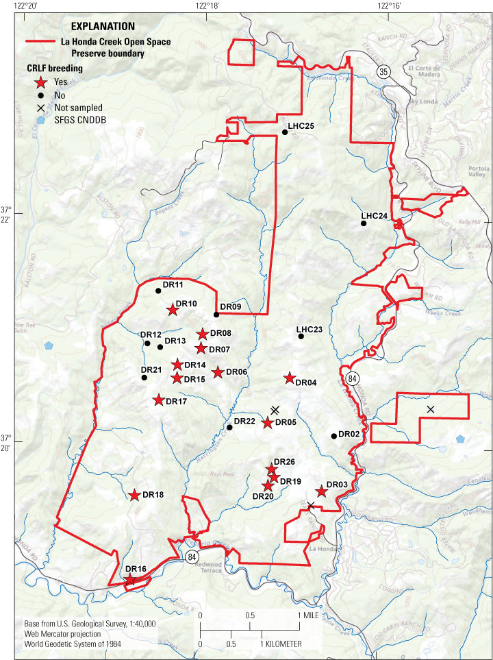 4.	California red-legged frog breeding is observed in the lower half of the La Honda
                        Creek Open Space Preserve boundary.