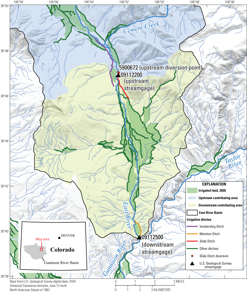 Alt text for figure 1. Most land irrigated in 2020 is near the banks of the East River
                        near Gunnison, Colorado.