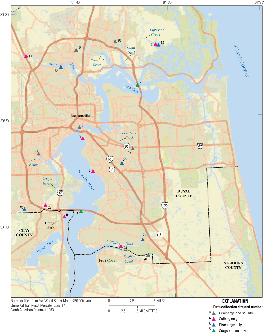 Map of data collection sites near the St. Johns River in Clay, Duval, and St. Johns
Counties.