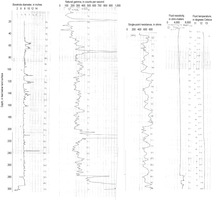 Set of geophysical logs extending to depth of about 300 feet for well MG 665 (S-9)