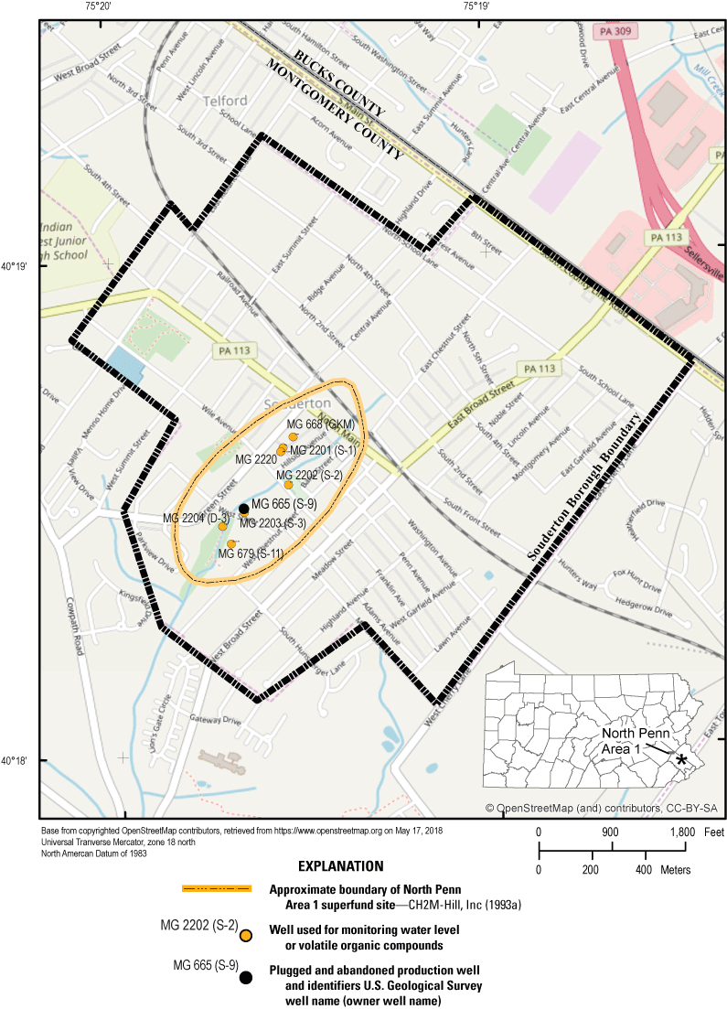 Map showing approximate boundary of North Penn Area 1, monitoring wells, and former
                     production well S-9