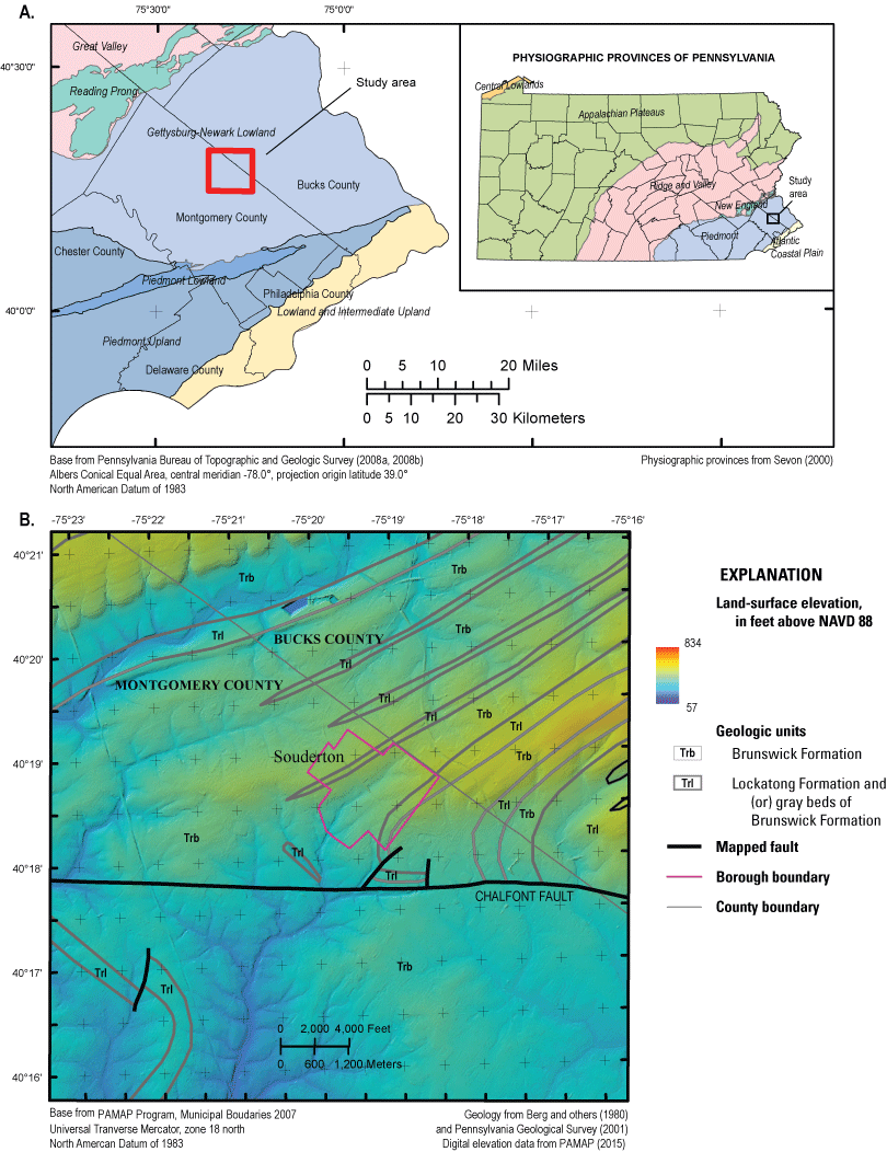 Study area is located in the Gettysburg-Newark Lowland section of the Piedmont Physiographic
                        Province in southeastern Pennsylvania