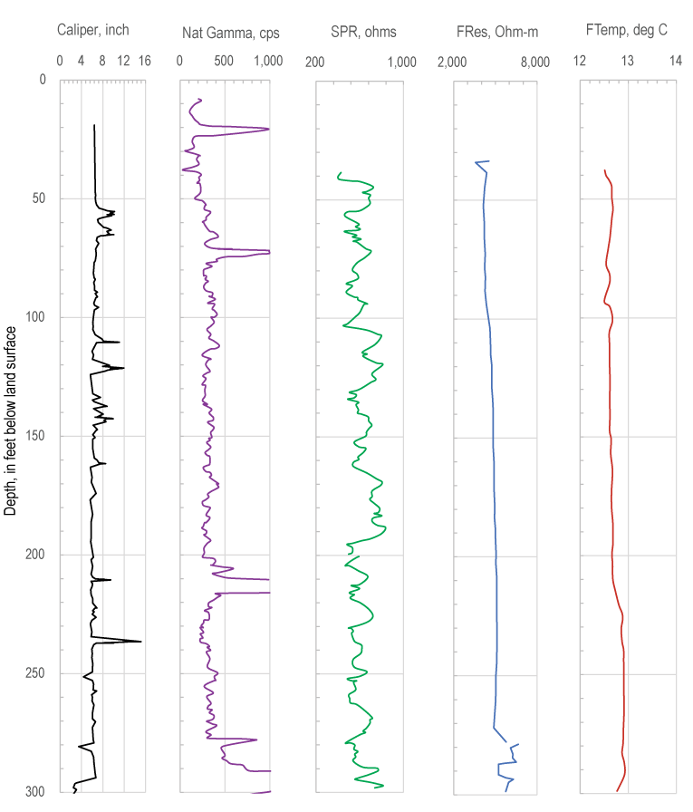 Set of geophysical logs for 300-ft-deep well MG 665 (S-9)