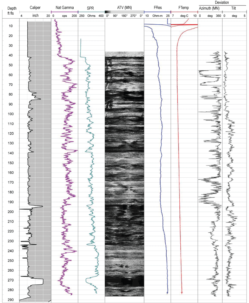 Set of geophysical logs extending to depth of 290 feet for well MG 679 (S-11)