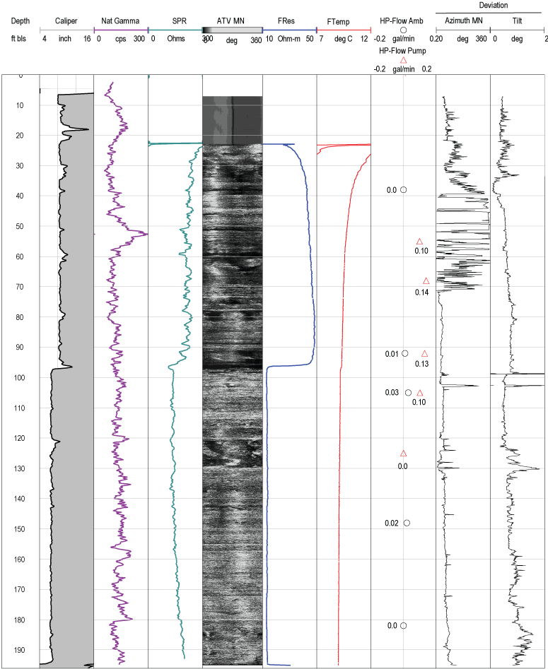 Set of geophysical logs extending to depth of about 195 feet for well MG 668 (GKM)