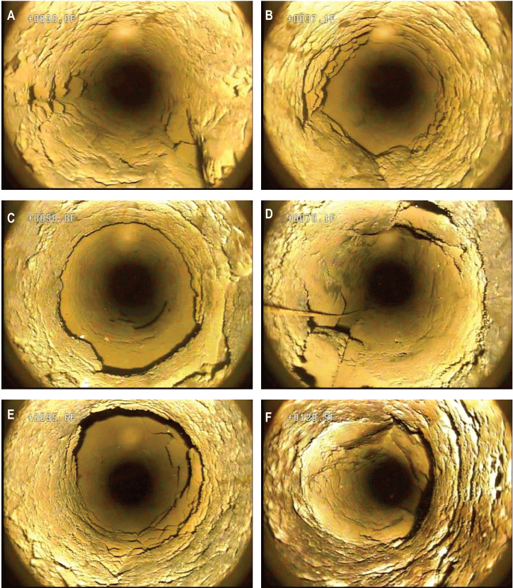 Set of photographs showing selected features from 2012 borehole video of well MG 668
                           (GKM)