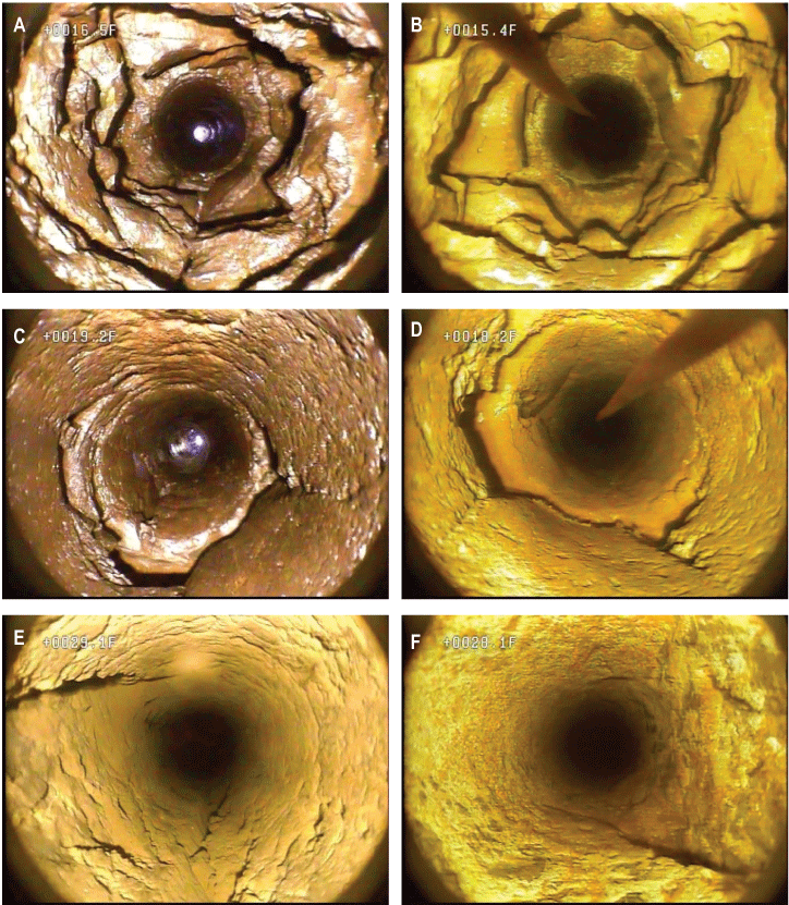 Set of photographs showing selected features from 2012 and 2018 borehole videos of
                           well MG 668 (GKM)