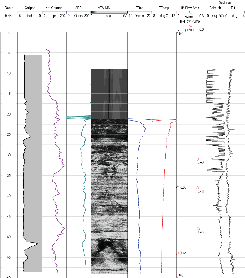 Set of geophysical logs extending to depth of about 58 feet for well MG 2201 (S-1)