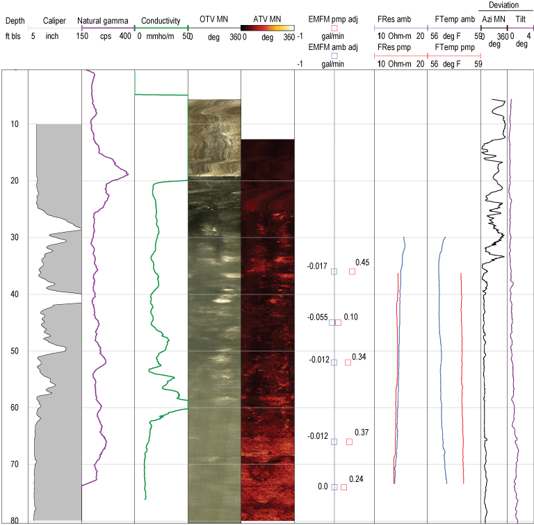 Set of geophysical logs extending to depth of about 80 feet for well MG 2220