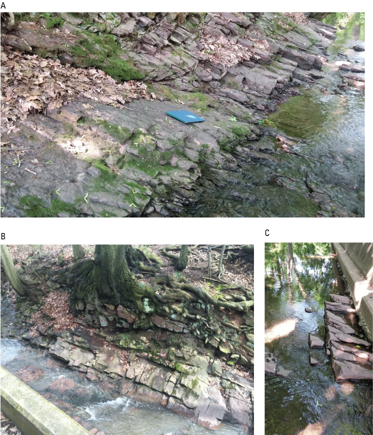 Photographs showing orientation of bedrock outcrops along stream reaches
