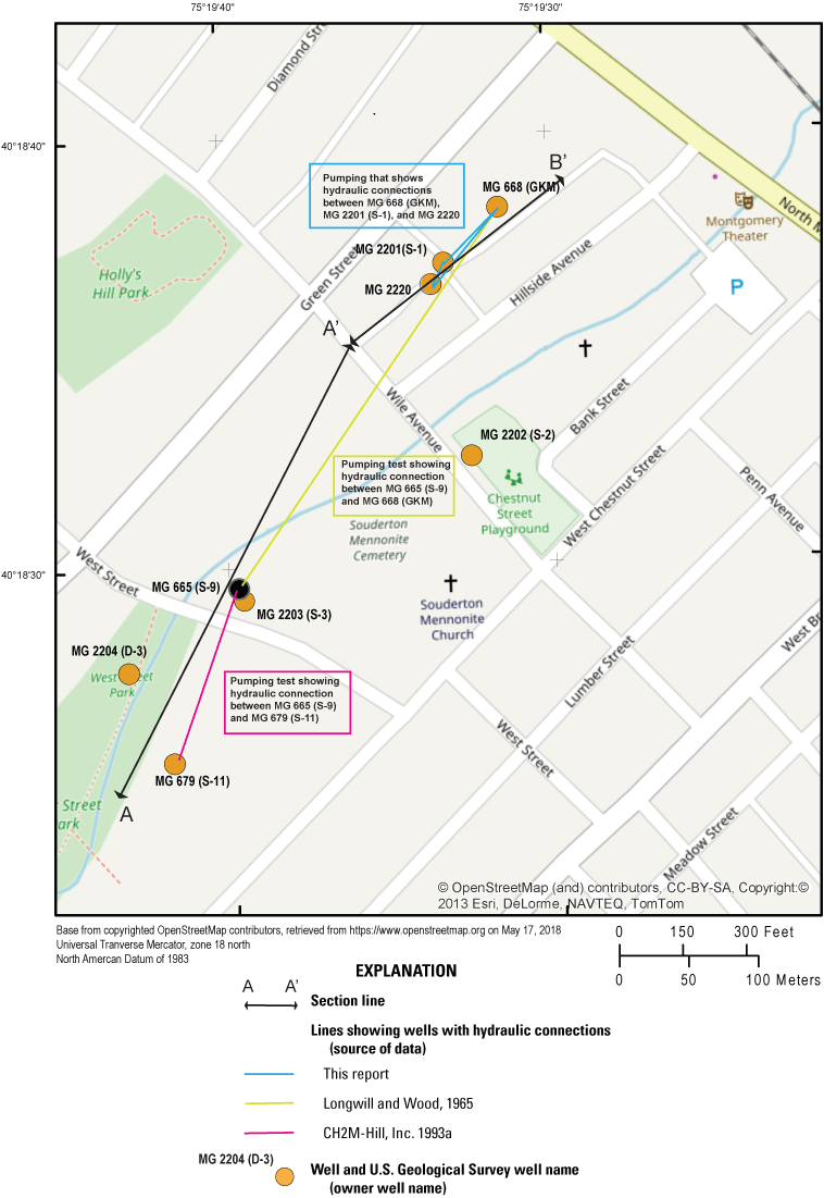 Map showing three sets of wells for which water levels indicated response to pumping
                           in at least one of the wells in the set