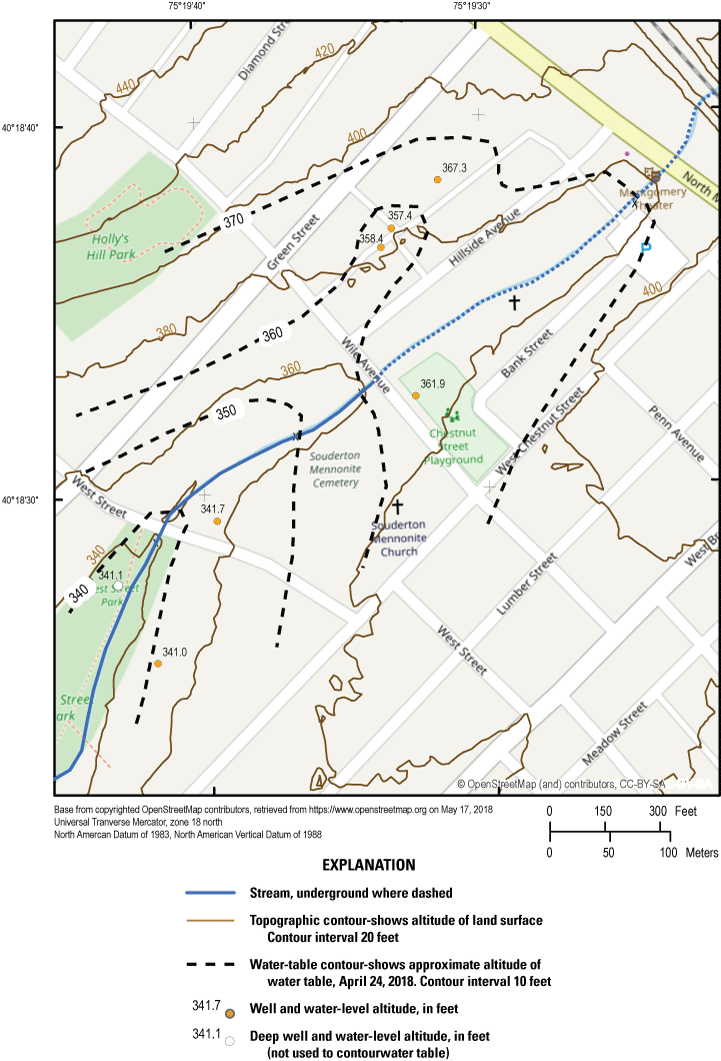 Map showing estimated potentiometric-surface contours at 10-ft intervals on a topographic
                           base