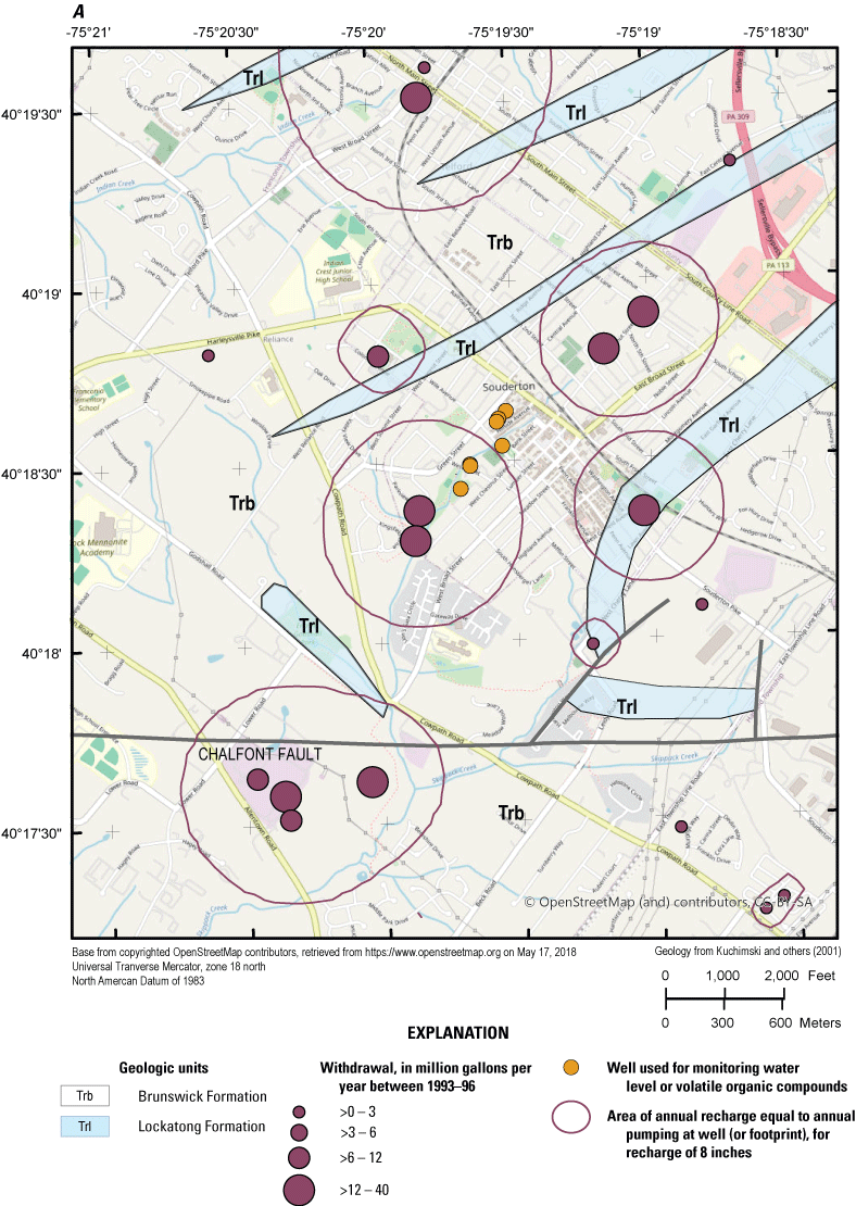 Maps showing withdrawal areas near North Penn Area 1, with greater amounts of withdrawals
                        in 1993-96 than in 2022